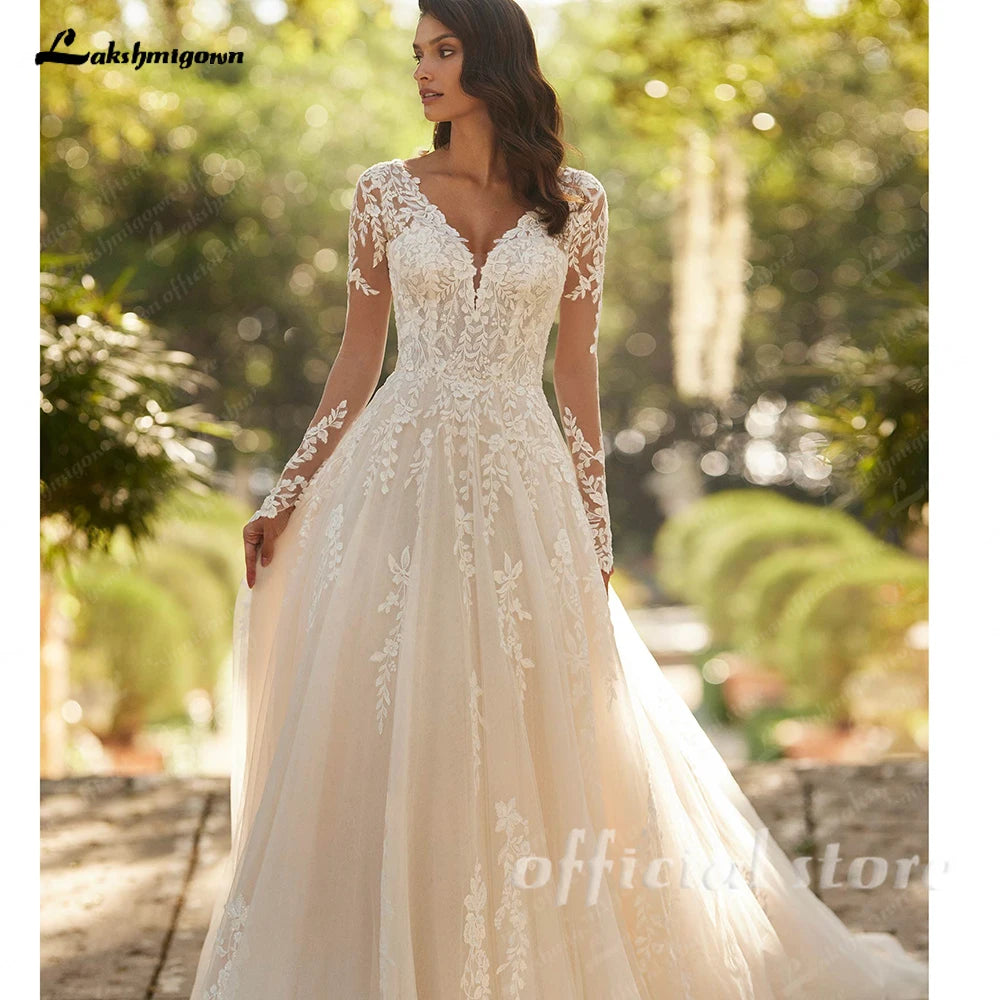 Lakshmigown Princess Long Sleeve Wedding Dresses 2026 V-Neck Lace Appliques Tulle Floor Length Bridal Gowns  Customized