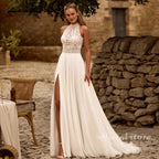 Lakshmigown Bohemian Beach Wedding Dress Open Back Lace Halter Neck High Slit A Line Chiffon Bridal Dresses Customized