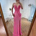 Abito da Ballo Sirena Lusso Rosa Piume Perline con Spacco LA72987