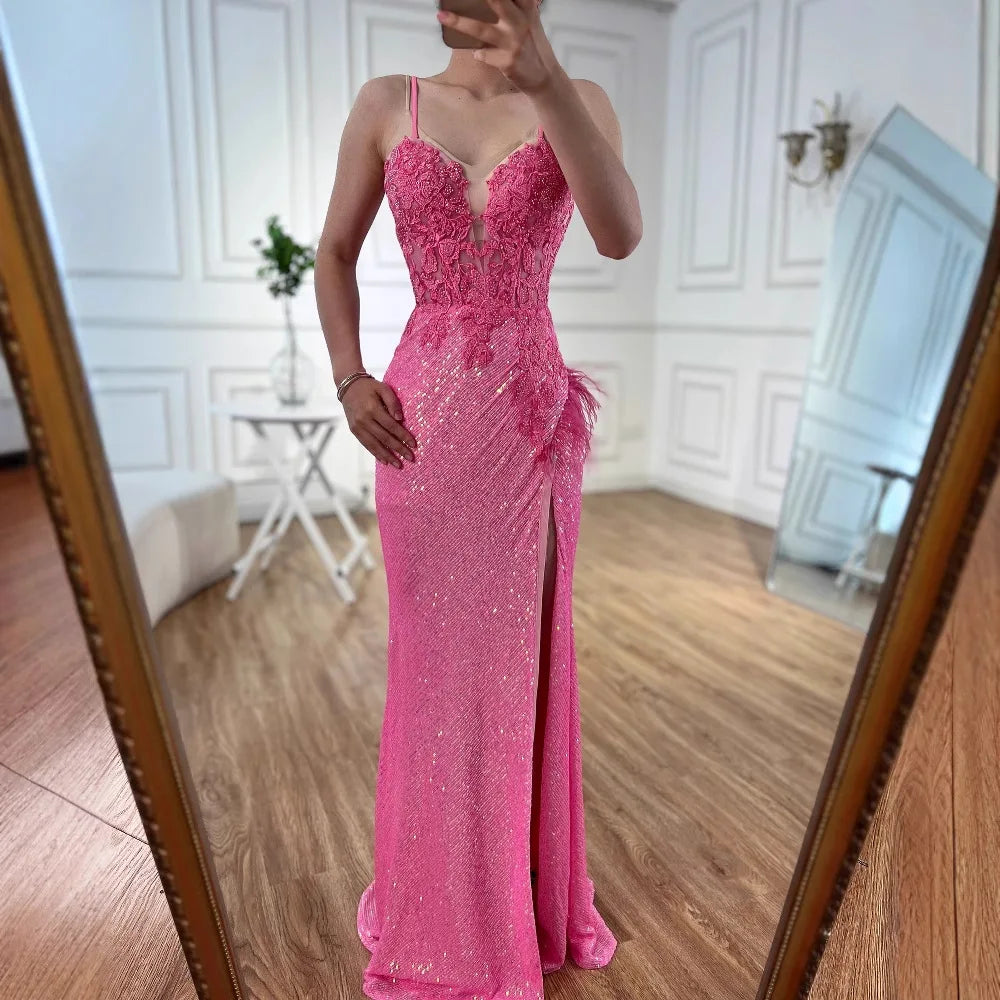 Abito da Ballo Sirena Lusso Rosa Piume Perline con Spacco LA72987