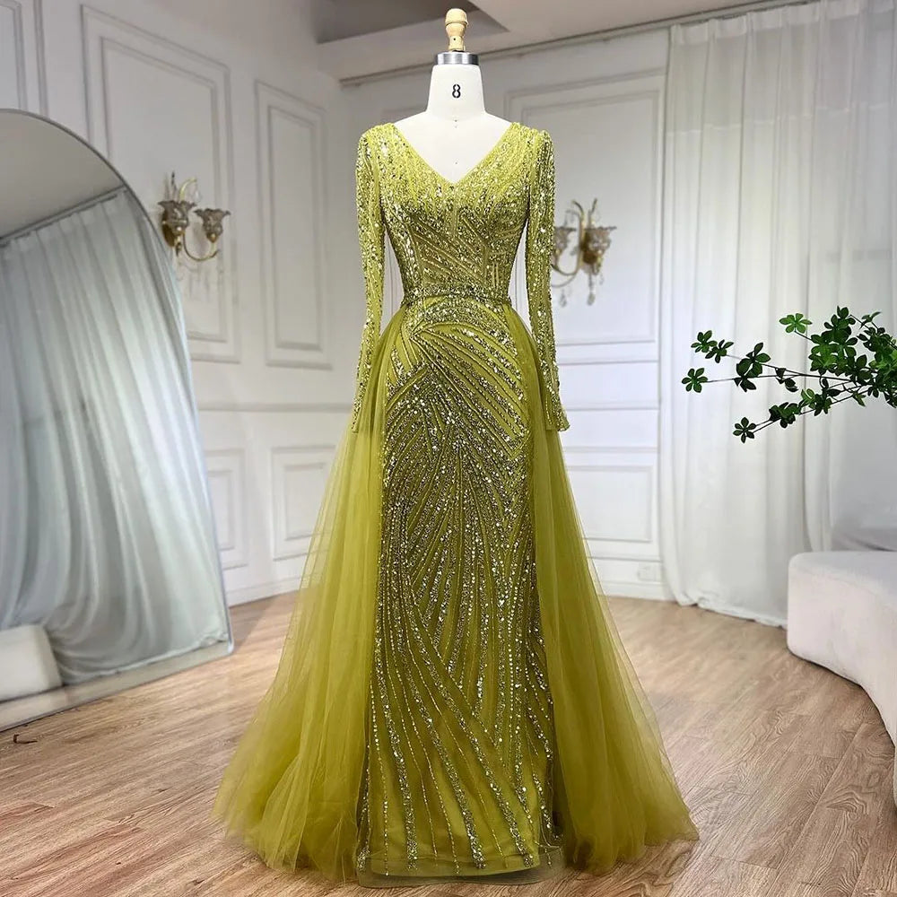 Nightbubo Customized Blue Grey V-Neck Mermaid Beaded Overskirt Evening Dresses Elegant Party Gowns For Women DLA71750