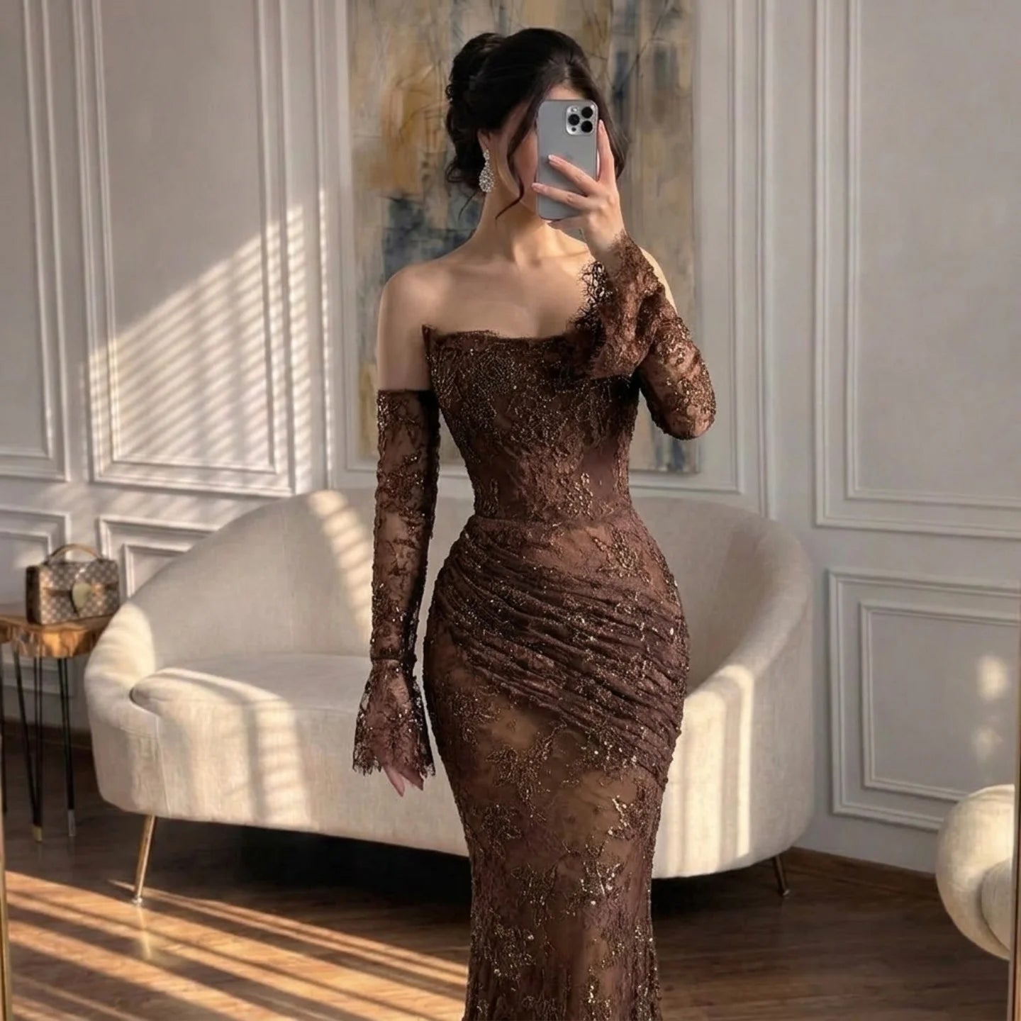 Serene Hill Brown Lace Evening Gown Elegant Mermaid Ruched Slim Fit Party Dress for Women DLA73484 Customized