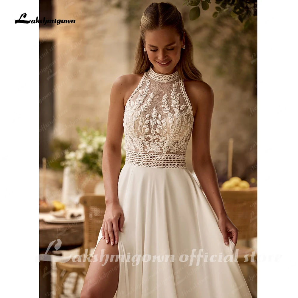 Lakshmigown Bohemian Beach Wedding Dress Open Back Lace Halter Neck High Slit A Line Chiffon Bridal Dresses Customized