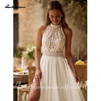 Lakshmigown Bohemian Beach Wedding Dress Open Back Lace Halter Neck High Slit A Line Chiffon Bridal Dresses Customized
