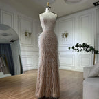 Serene Hill White Nude Spaghetti Strap Feathers Beaded Mermaid Evening Dress Party Gown for Women DLA72823 Customized