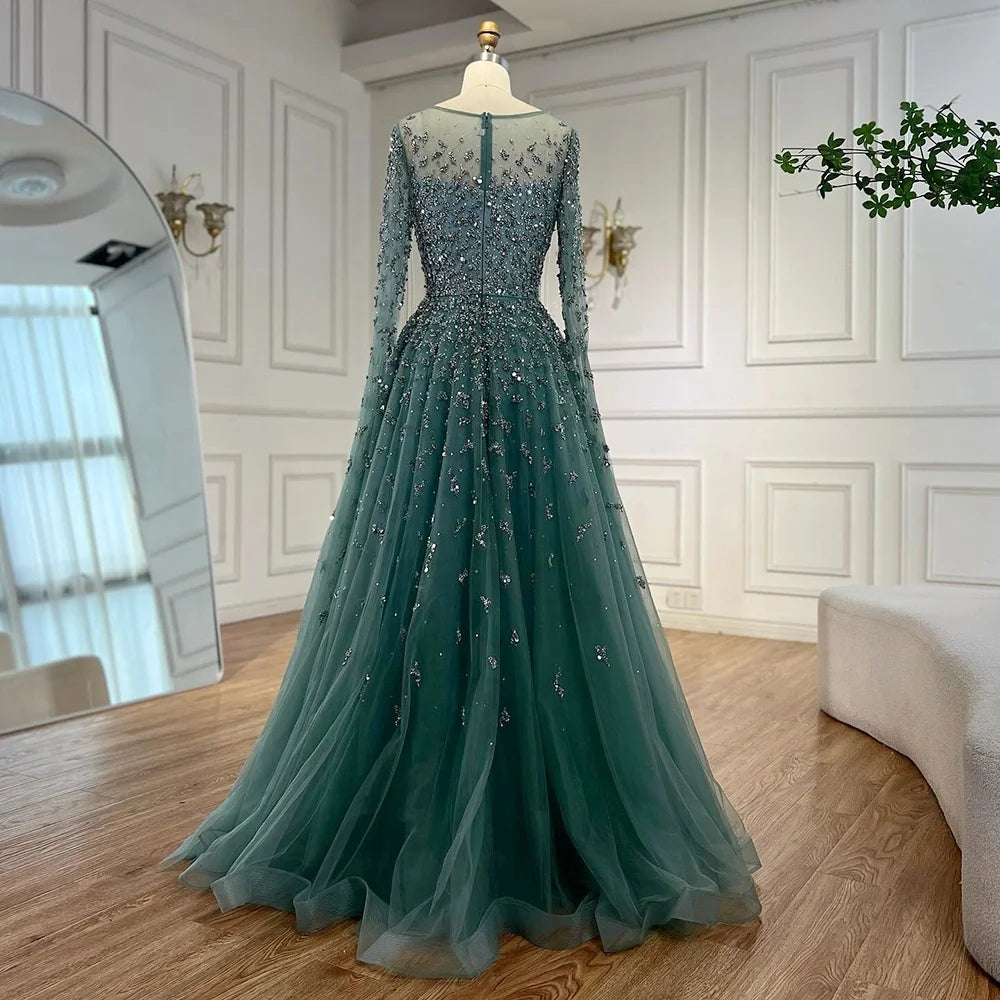 Serene Hill Turquoise A-line Beaded Evening Dress with Cape Sleeves Elegant Party Gowns for Women Customized DLA72965