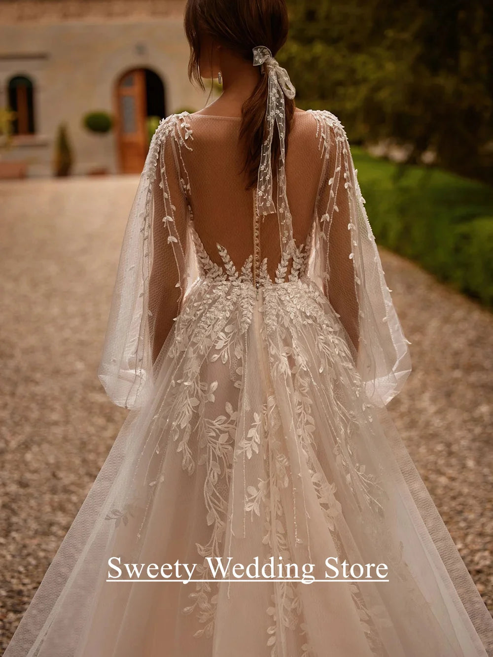 Princess Wedding Dress Customized Puff Sleeves Illusion Back Buttons Applique Sweep Train Vestido De Noiva Bridal Gown
