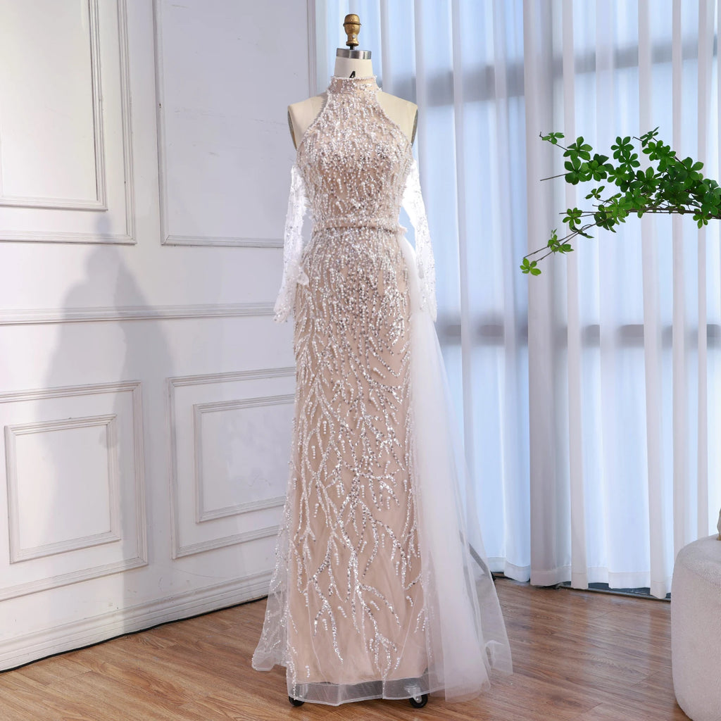 Serene Hill White Nude Pearls Halter Mermaid Evening Gowns with Gloves Formal Party Dresses for Women 2026 Customized DLA72345F