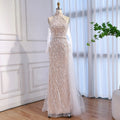 Serene Hill White Nude Pearls Halter Mermaid Evening Gowns with Gloves Formal Party Dresses for Women 2026 Customized DLA72345F