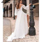 Lakshmigown A Line Women's Chiffon Wedding Dresses Customized Side Slit Bride Gowns Boat Neck Long Sleeves Vestidos Novias Boda