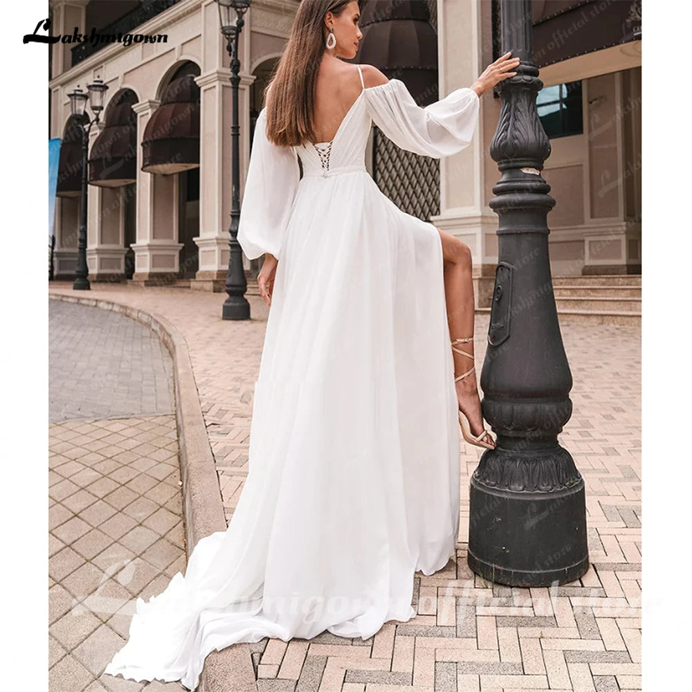 Lakshmigown A Line Women's Chiffon Wedding Dresses Customized Side Slit Bride Gowns Boat Neck Long Sleeves Vestidos Novias Boda