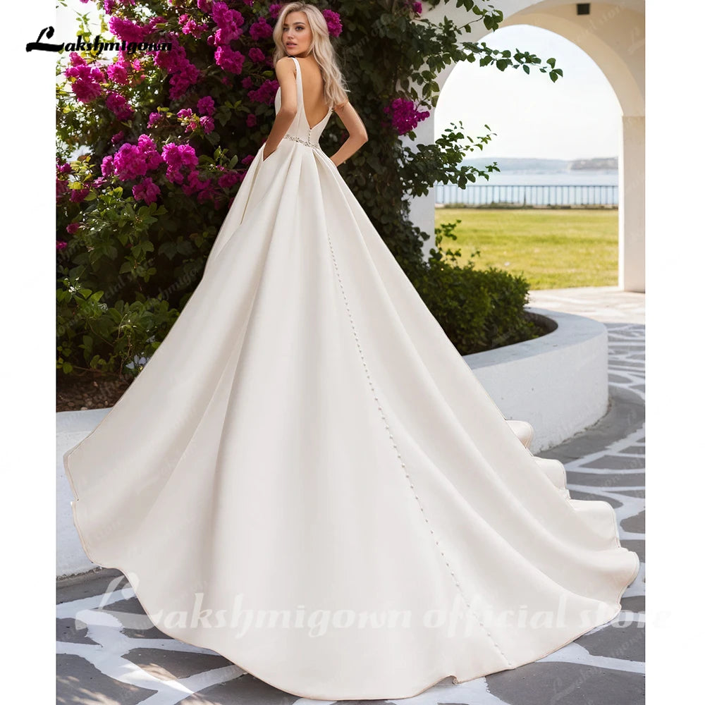 Lakshmigown Sexy Plunging V Neck Satin Wedding Dresses with Belt New A Line Bridal Gowns Vestidos De Nova Customized