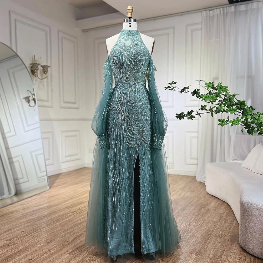 Serene Hill Customized 2026 Turquoise Mermaid Overskirt Beaded Evening Dresses Elegant Party Gowns For Women Wedding DLA72298