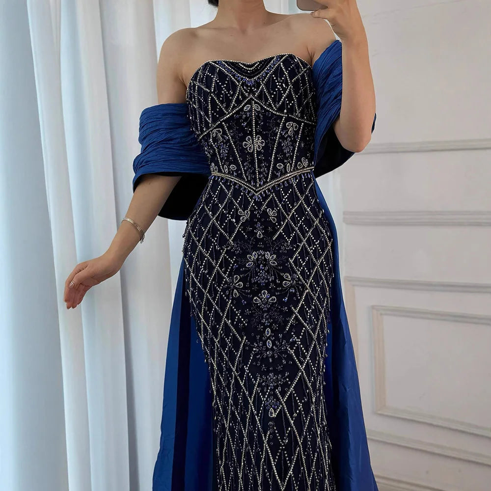 Serene Hill Nude Strapless Off Shoulder Mermaid Overskirt Evening Dress Beaded Party Gowns for Women 2025 Customized DLA72819
