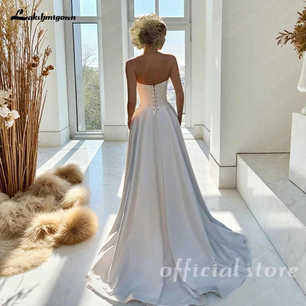 Lakshmigown Satin Wedding Dresses A-Line Strapless Lace-up V-Neck Pleated Chic Bride Prom Gown Simple Bridal Gowns  Customized