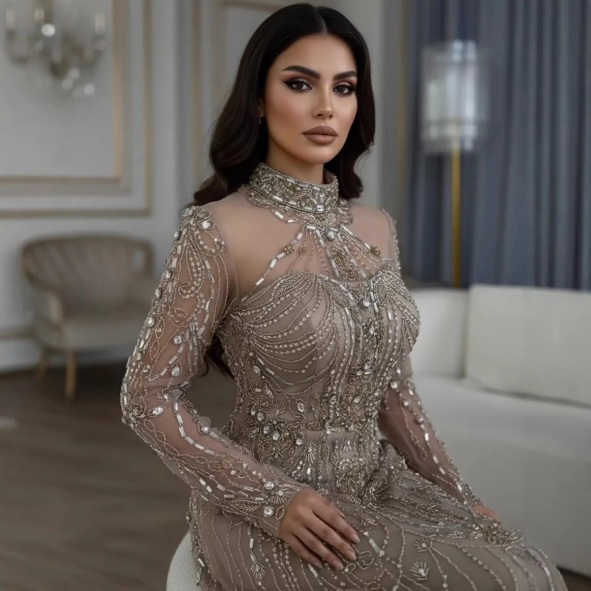 Serene Hill Caramel A-Line Long Sleeves Muslim Evening Gowns Luxury Beaded Party Dress for Women 2025 Customized DLA72704