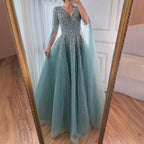 Serene Hill 2026 Customized Pink Luxury Beaded A Line Evening Dress with Cape Sleeves Party Gowwns for Wedding Guest DLA73269