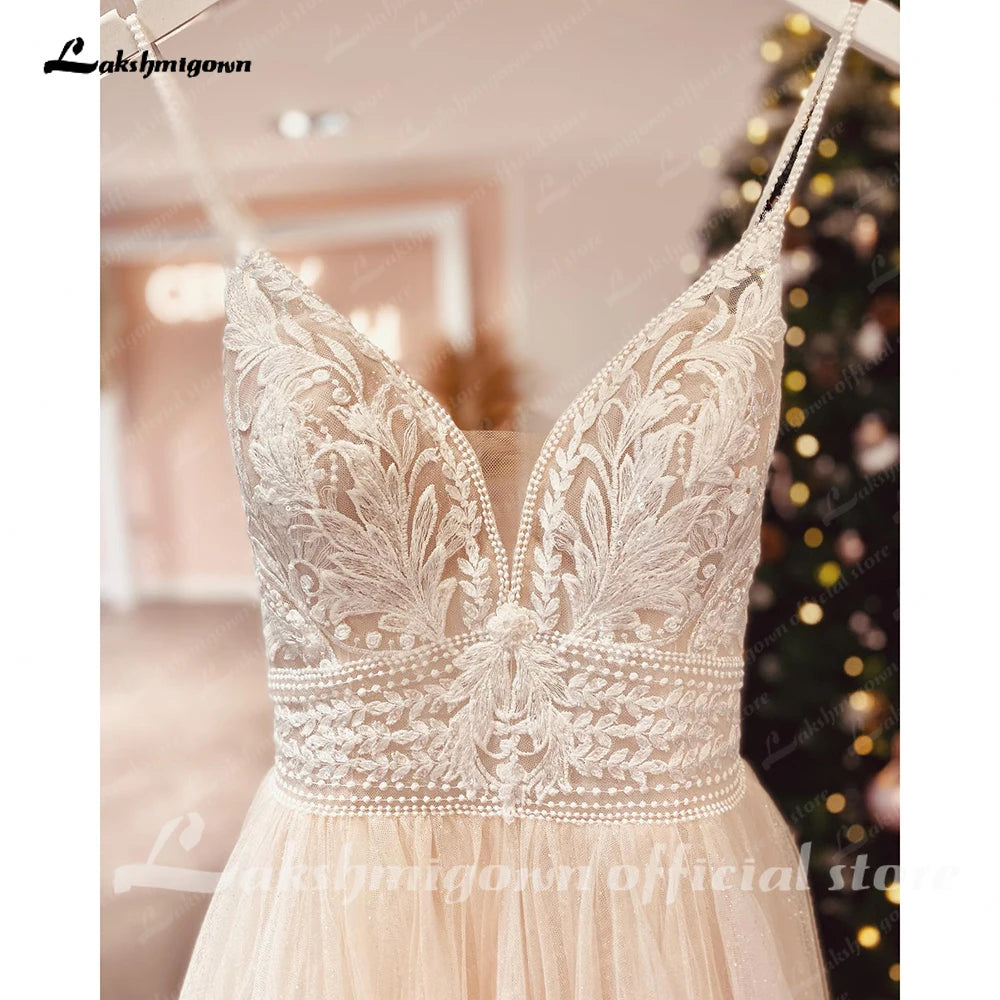 Lakshmigown Spaghetti Straps Champagne Boho Wedding Dress For Women Vestido Civil Bridal Customized Wedding Gowns Suknie Slubne
