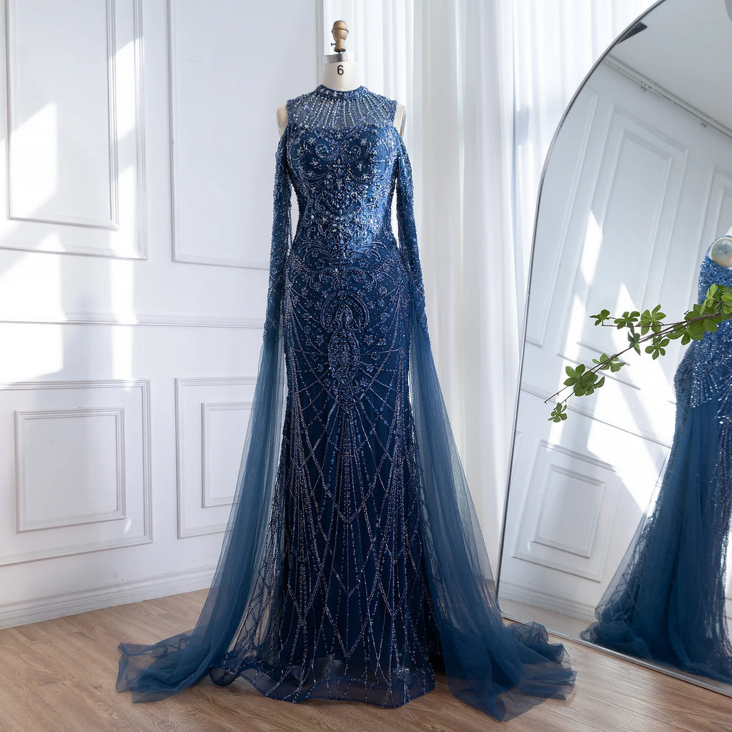 Serene Hill Navy Blue O-neck Cold Shoulder Mermaid Beaded Evening Dress Party Gowns with Cape Sleeves Customized DLA73323