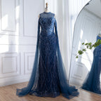 Serene Hill Navy Blue O-neck Cold Shoulder Mermaid Beaded Evening Dress Party Gowns with Cape Sleeves Customized DLA73323