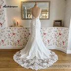 Lakshmigown Elegant Mermaid Wedding Dresses Deep V‑Neck Illusion Low Back Beaded Lace Appliques Satin Bridal Gown Customizedn