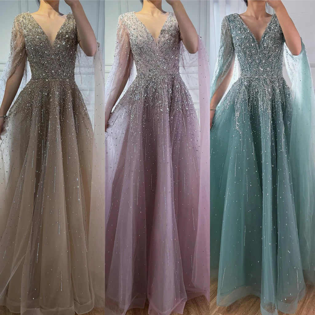 Serene Hill 2026 Customized Pink Luxury Beaded A Line Evening Dress with Cape Sleeves Party Gowwns for Wedding Guest DLA73269