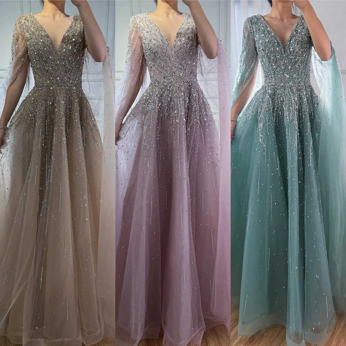 Serene Hill 2026 Customized Pink Luxury Beaded A Line Evening Dress with Cape Sleeves Party Gowwns for Wedding Guest DLA73269