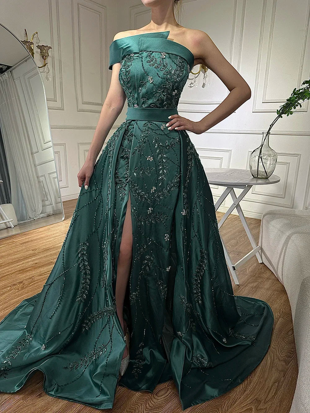 Serene Hill Customized 2024 Green One-Shoulder Satin Evening Gown Beaded Dress with Overskirt and Split for Women DLA72178