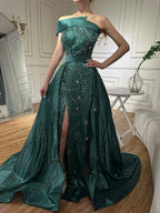 Serene Hill Customized 2024 Green One-Shoulder Satin Evening Gown Beaded Dress with Overskirt and Split for Women DLA72178