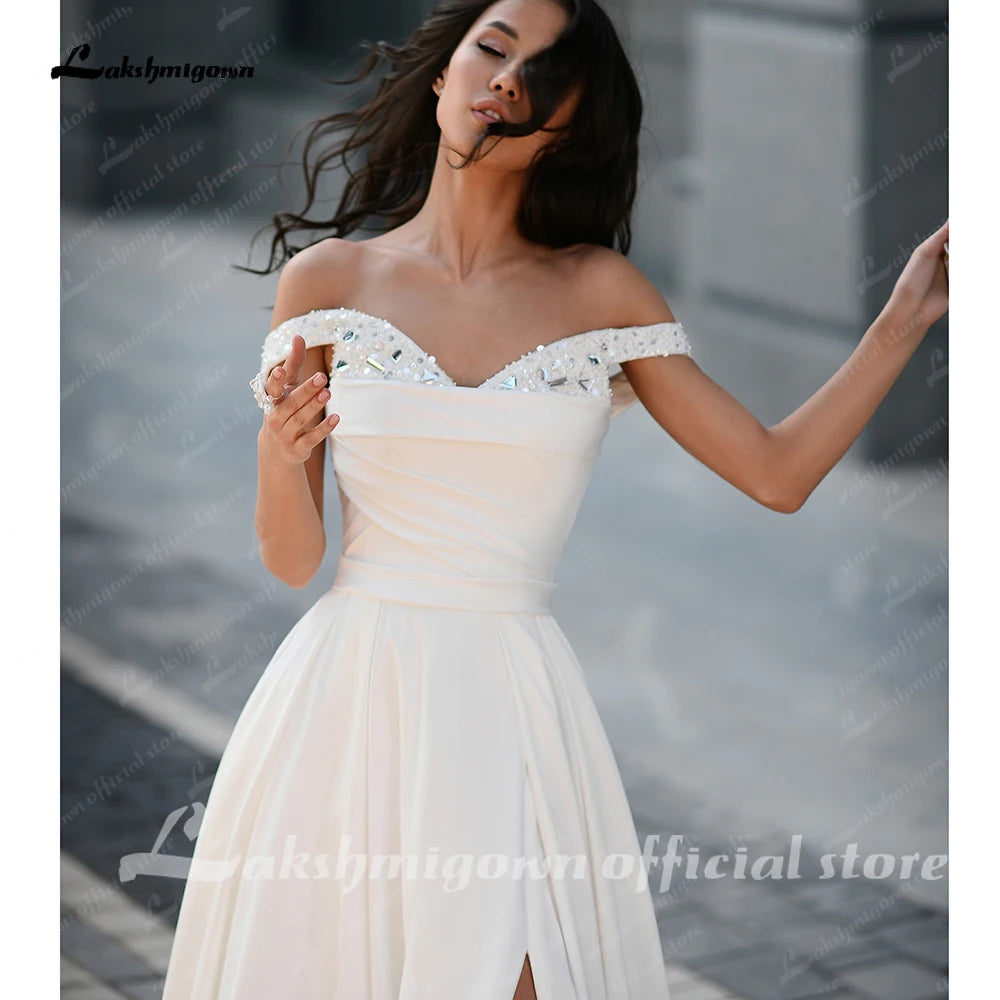 Lakshmigown Pleat Beading A-Line Wedding Dress Strapless High Slit Off The Shoulder Backless Bridal Gown Vestidos De Customized