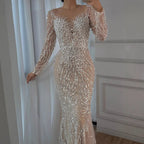 Serene Hill White Nude Long Sleeves Mermaid Pearls Beaded Evening Dress with Train Wedding Party Gowns DLA72634A Customized