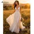 Lakshmigown Boho Lace Tulle A-Line Wedding Dress with V-Neck Spaghetti Straps Low Back Romantic Bridal Gown For Outdo Customized