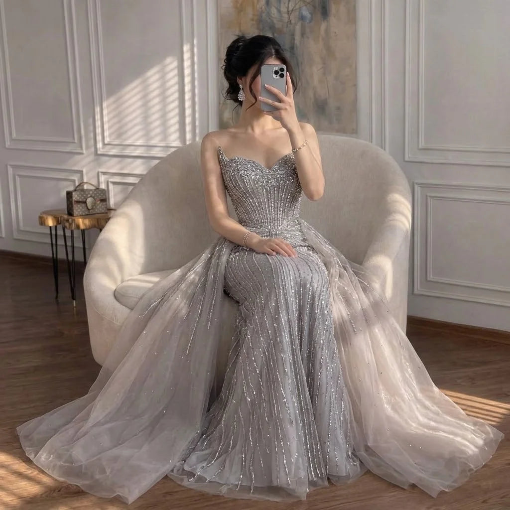 Serene Hill Caramel Beaded Tulle Evening Dress Strapless Sweetheart Formal Party Gown with Over-skirt DLA72811D Customized