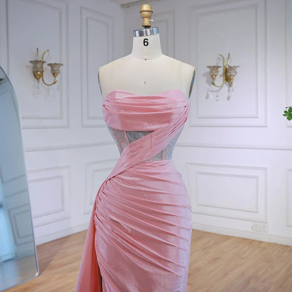 Vestido de Baile Elegante com Brilhos Cor-de-Rosa e Fenda LA72997