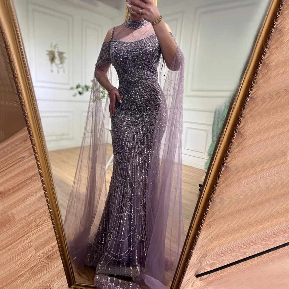 Serene Hill Dubai Purple Mermaid Cape Sleeves Beaded Long Evening Dress 2025 For Formal Occasion DLA71992 Customized