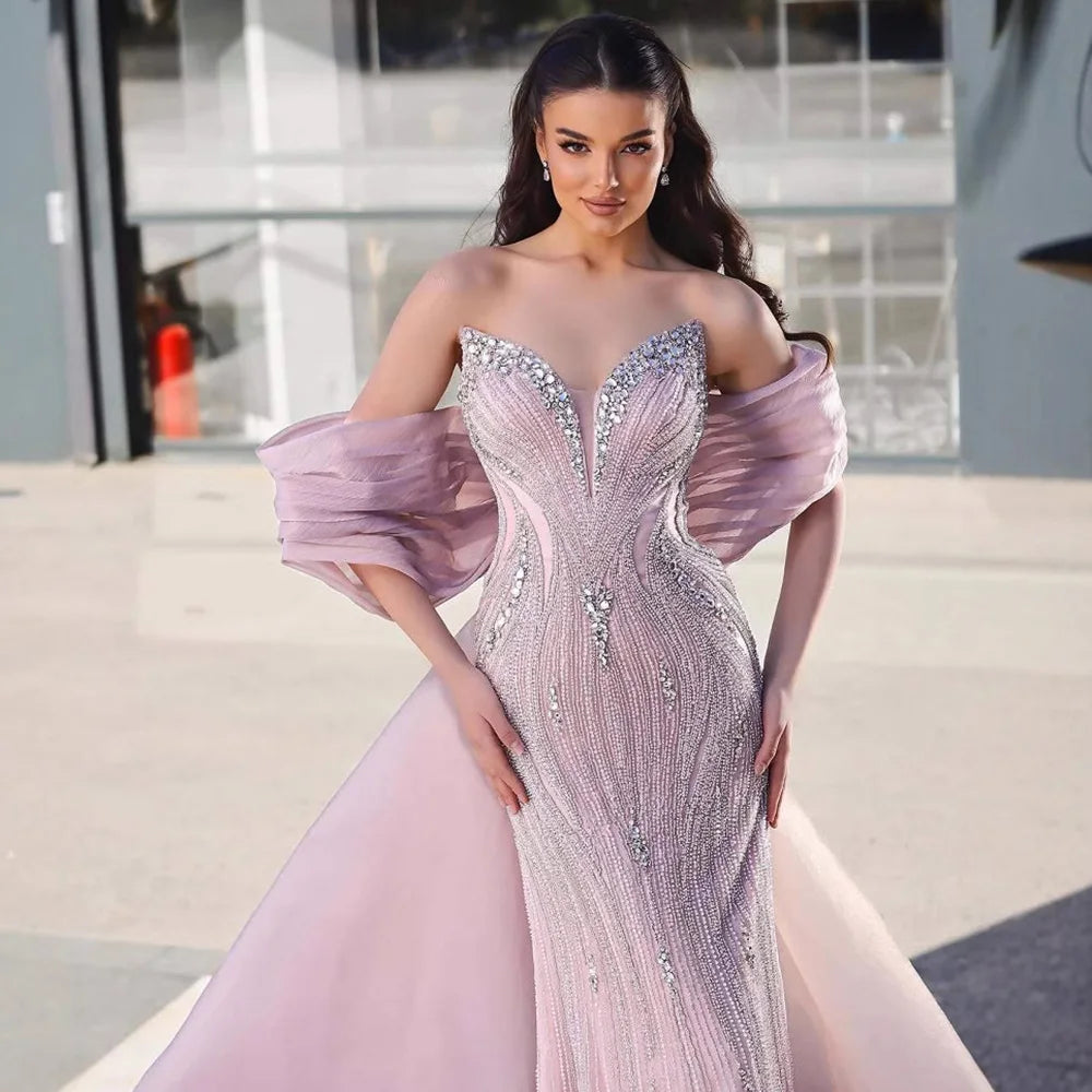 Serene Hill Pink 2025 Mermaid Beaded Evening Dresses with Cape Wedding Party Gowns for Women DLA73061 Customized