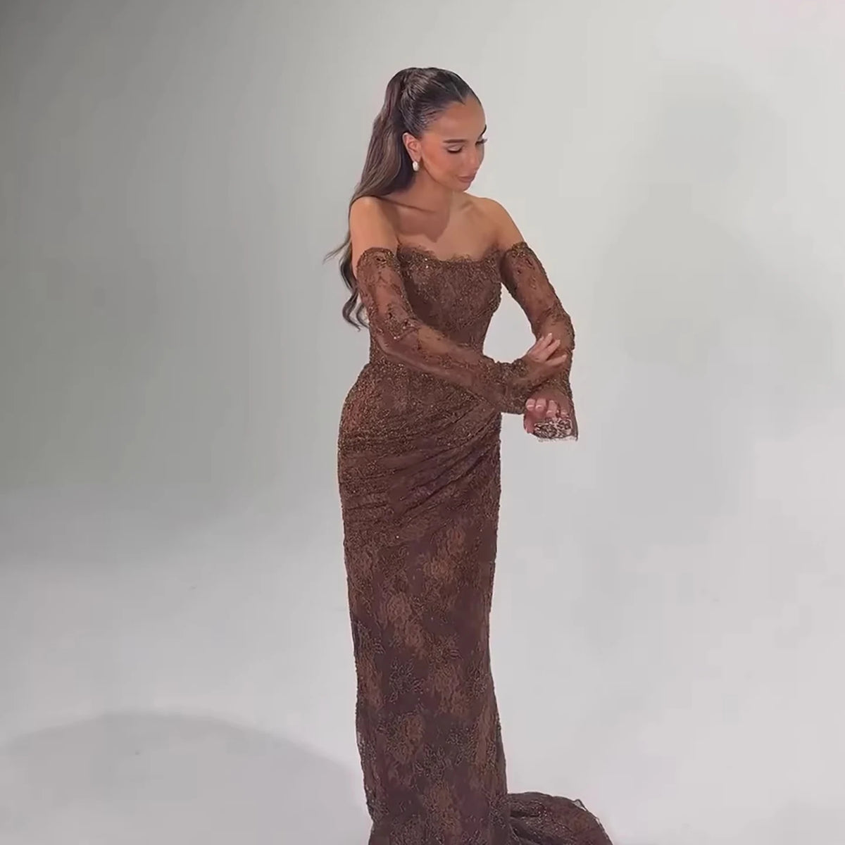 Serene Hill Brown Lace Evening Gown Elegant Mermaid Ruched Slim Fit Party Dress for Women DLA73484 Customized