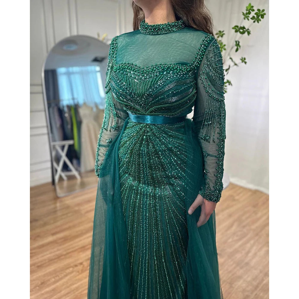 Serene Hill Customized Nude Long Sleeves Beaded Mermaid Dubai Evening Dresses 2025 Muslim Party Gowns for Veiled Women DLA71533