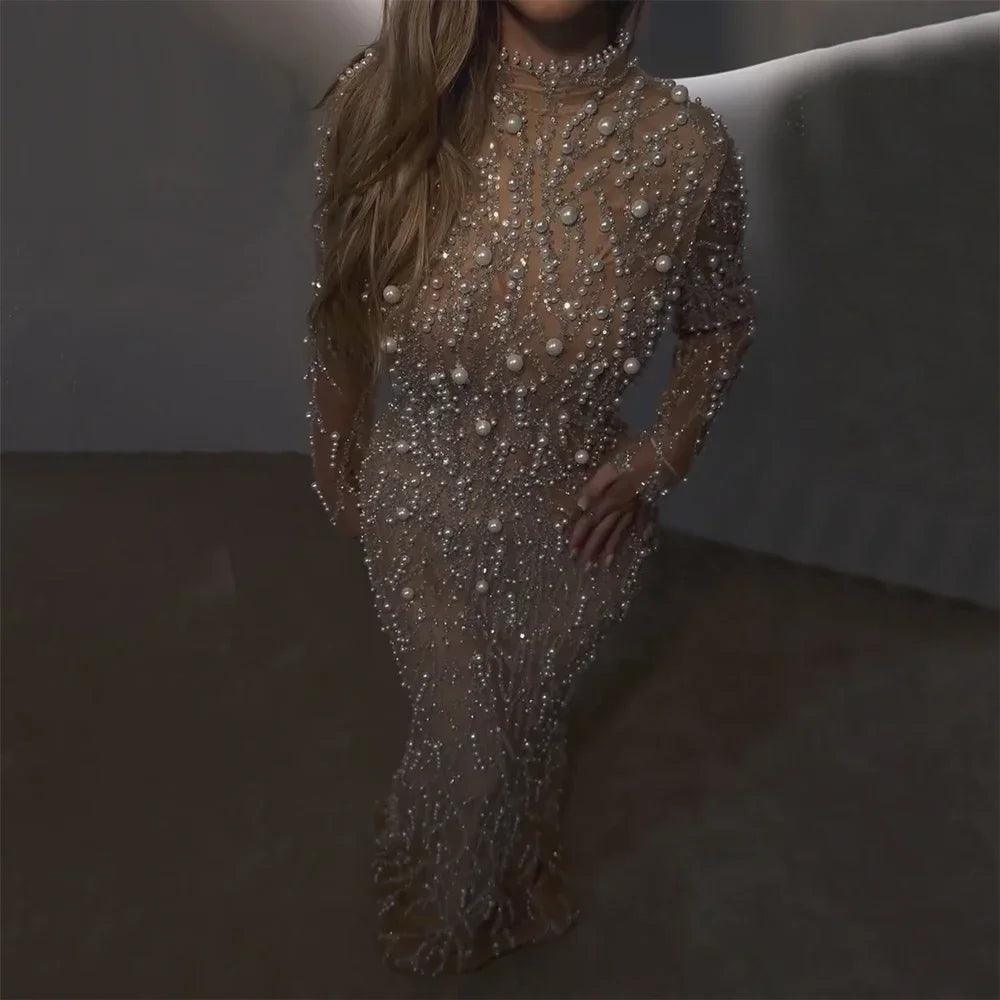Serene Hill 2025 Luxury Saudi Arabic Pearls Beaded Nude Mermaid Evening Dresses For Wedding Occasion DLA72345A Customized