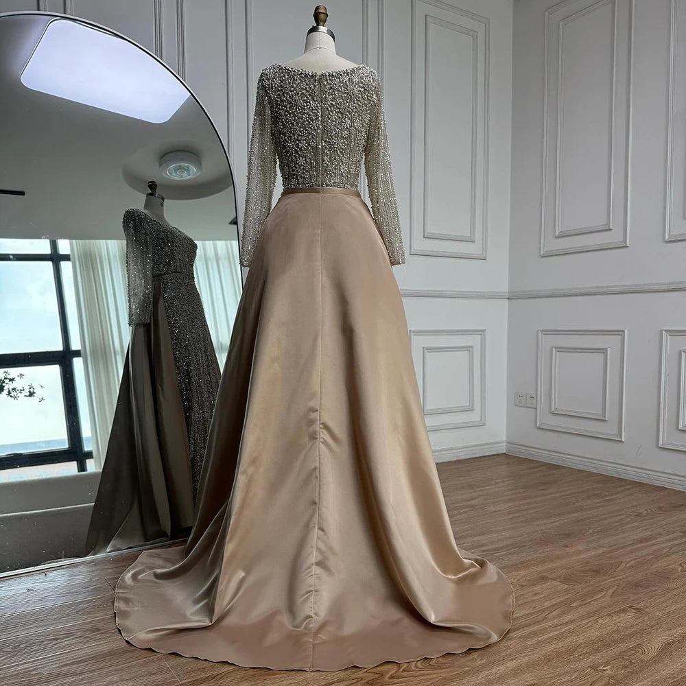 Serene Hill Turquoise Square Collar Mermaid Beaded Evening Dress Overskirt Party Gowns with Long Sleeves Customized DLA72533A