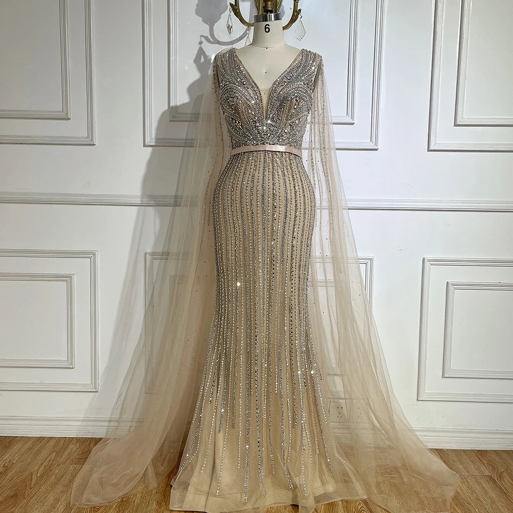 Serene Hill 2026 Customized Pink Cape Sleeves Mermaid Beaded Evening Dresses Gowns for Women Wedding Party 2025 DLA72864