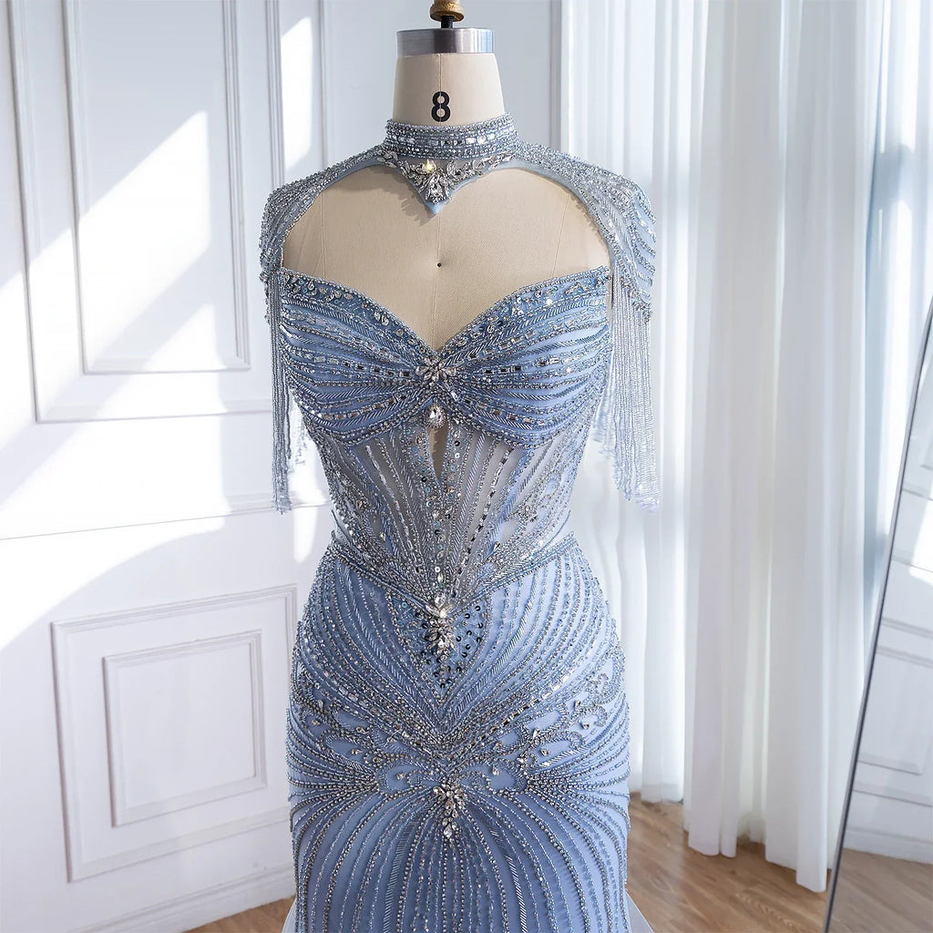 Abito da sera di lusso di Dubai con perline blu rosa e mantellino con nappe LA72897B