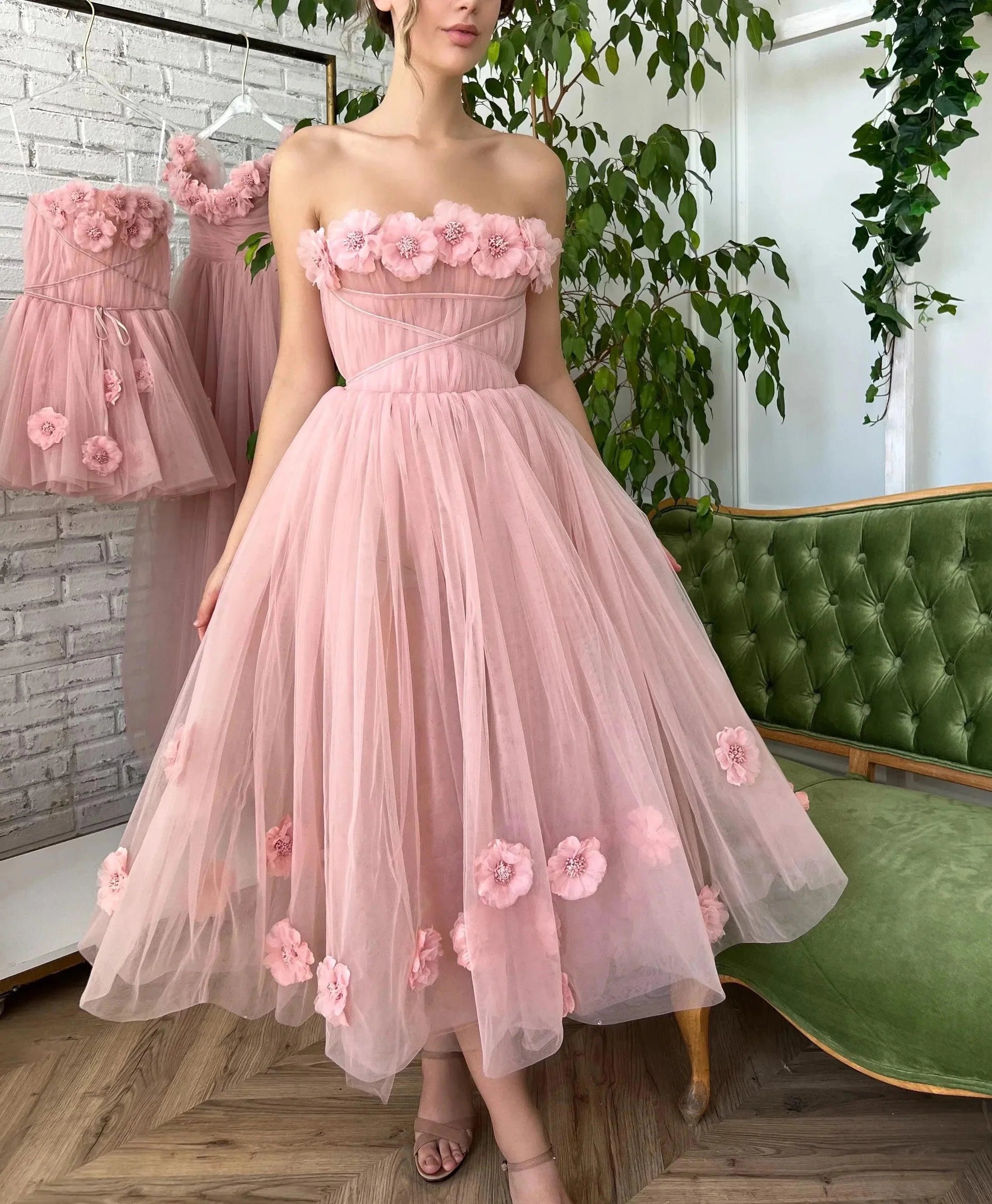 NumberSea Strapless Pink Garden Wedding Dress for Women Vestito Donna 2025  Lace Flower Beach Bridal Gowns