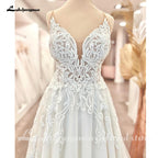 Lakshmigown Plunging V Neck A-Line Lace Tulle Sleeveless Wedding Dress Lace Bridal Gown Boho Country Beach Princess Wedding Gown