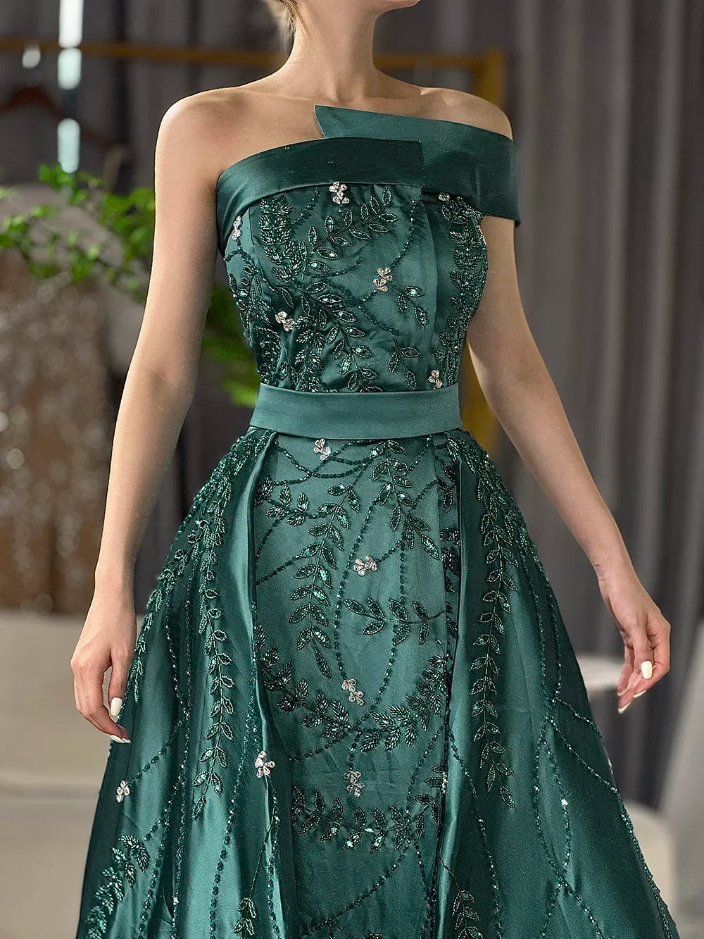 Serene Hill Customized 2024 Green One-Shoulder Satin Evening Gown Beaded Dress with Overskirt and Split for Women DLA72178
