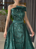 Serene Hill Customized 2024 Green One-Shoulder Satin Evening Gown Beaded Dress with Overskirt and Split for Women DLA72178