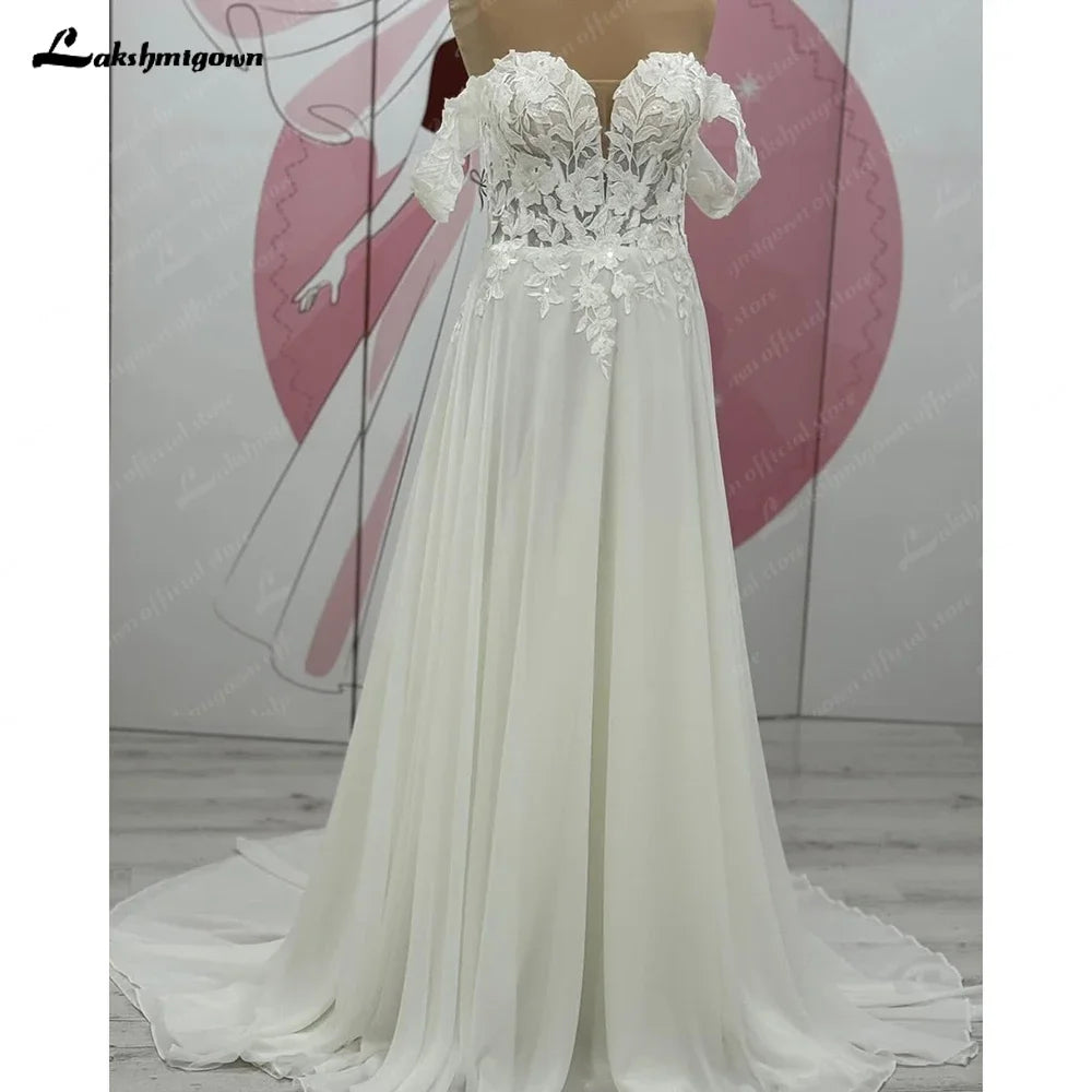 Lakshmigown Lace Chiffon Beach Off Shoulder Wedding Dress Cap Sleeve Wedding Party Gown Customized Robe Sirene Mariage