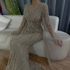 Serene Hill Caramel Mermaid Beaded Evening Dresses with Cape Sleeve Elegant Party Gowns for Women DLA72775 Customized