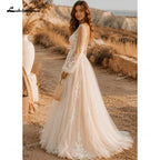 Romantic Puff Long Sleeve Boho Wedding Dress Low Open Back Tulle Bridal Gowns A Line Lace Applique Wedding Gowns Customized