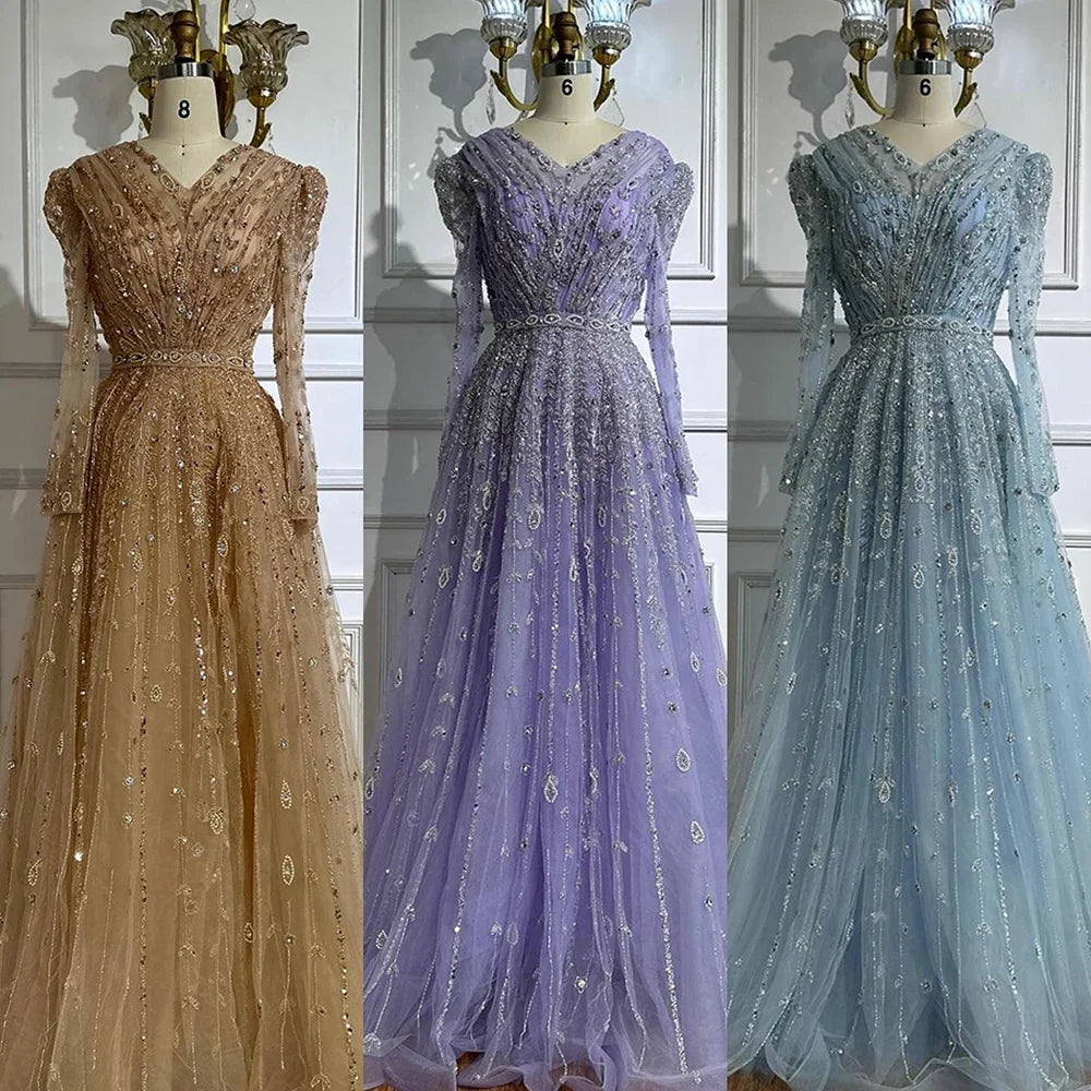 Saudi Arabic Elegant Nude A-Line Beaded Evening Dress Gown For Wedding Occasion 2025 DLA71803D Customized
